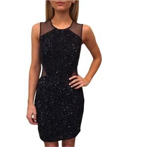 Parker Black Illusion Sequin Blue Cocktail Sheath Mini Dress Size L NWOT $460